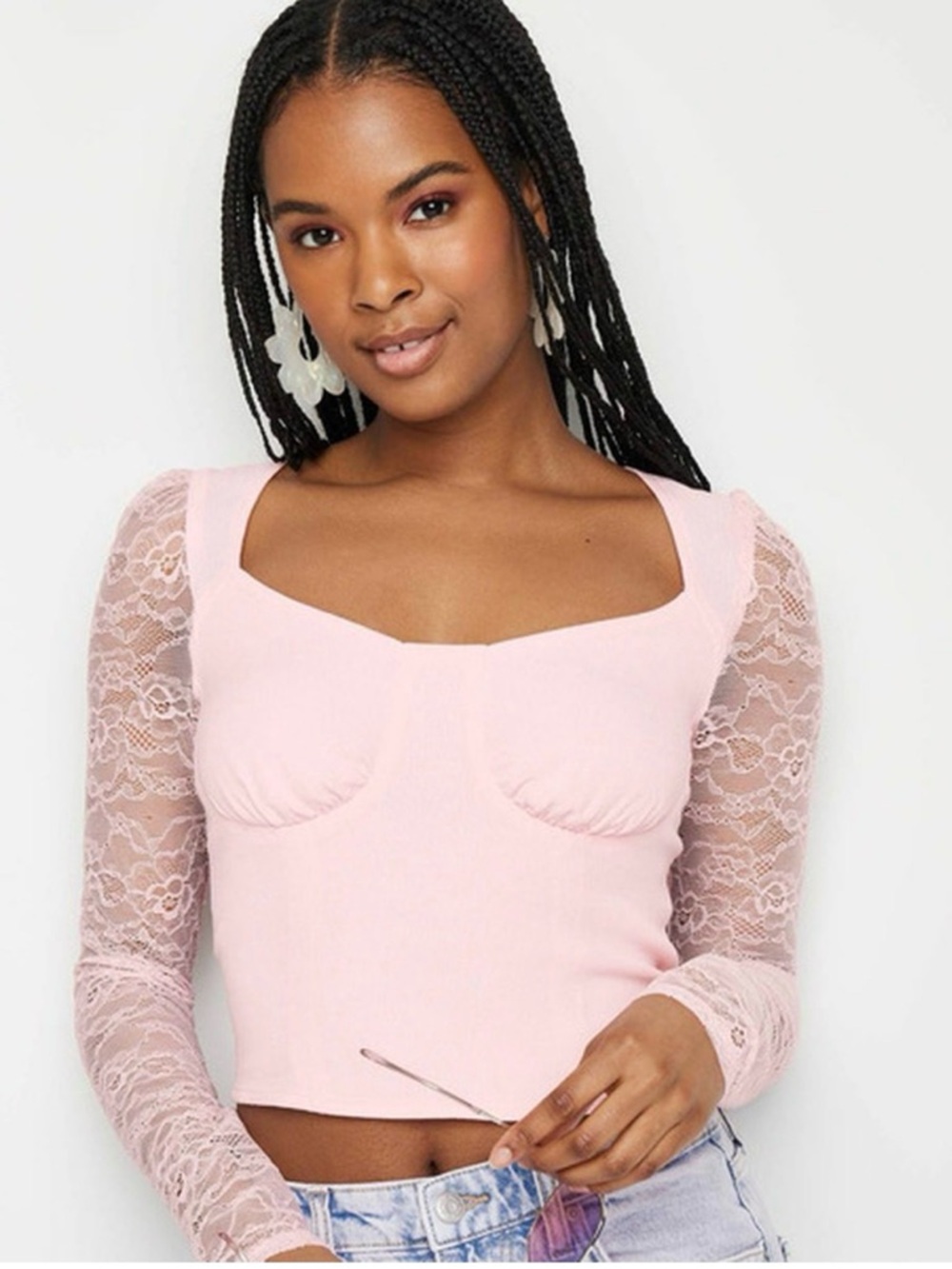 Wild Fable Women’s Lace Bustier Crop Top Long Sleeve Pink XS New